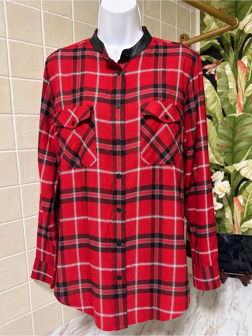 Vince Lamb Leather Trim Button-Up Plaid Blouse. Size 10